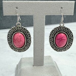 🚨3 for $15🚨 Pink Stone Dangle Earrings - Silver-Tone Greek Key Design